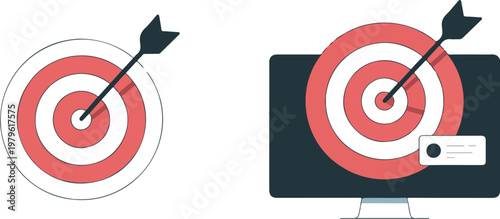 Clean outline vector showing targeted advertising strategy with bullseye icon and monitor screen representing online marketing analytics concept