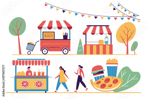 A lively flat illustration of a street food fair scene with various food stalls, people walking, and colorful bunting, capturing the essence of an outdoor market.