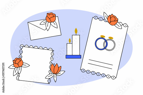 A cheerful flat illustration of wedding stationery elements including invitations, envelopes, and candles, adorned with roses and rings, suggesting a joyous occasion.