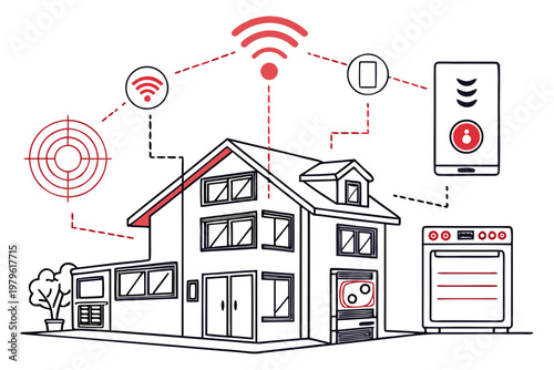 A schematic illustration of a smart home with a house and surrounding devices like an oven, phone, and target symbol, all connected by Wi-Fi signals for integrated home automation and security.