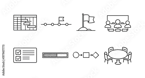 Project planning: gantt chart, timeline, milestone flag, team board, task card, progress bar, workflow diagram, meeting table.