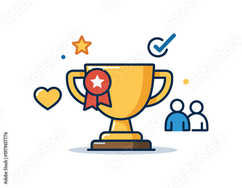Reward and recognition illustrated as a positive workplace culture concept, a simple trophy with a small ribbon element suggesting appreciation and acknowledgment of