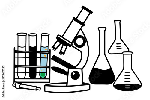 A collection of scientific laboratory equipment including a microscope, test tubes with colored solutions, flasks, and a beaker on a white background.