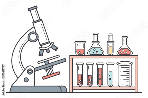 A science laboratory scene with a microscope, test tubes and flasks filled with colorful liquids, and a beaker on a white background.