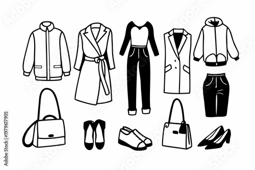 A stylish black and white illustration of various clothing items including jackets, a trench coat, trousers, and accessories like handbags and shoes.