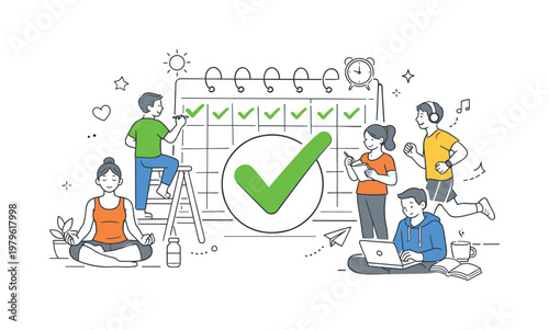 A personal productivity and habit building scene showing a small group maintaining routines around a large calendar and a checkmark symbol, using a clean visual metaphor