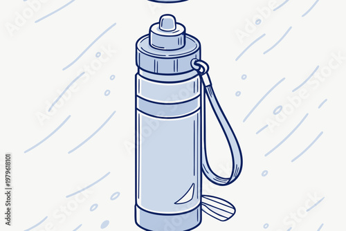 A minimalist, hand-drawn style illustration of a blue water bottle with a dark cap and a loop, set against a background of dynamic, blurred lines suggesting movement or speed.