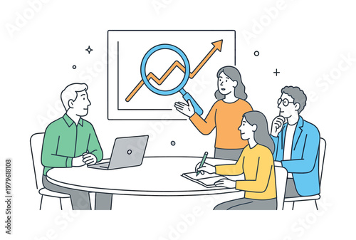 A business analytics scenario where a small team reviews performance and makes data-driven decisions during a strategy meeting, centered around a clear visual metaphor of