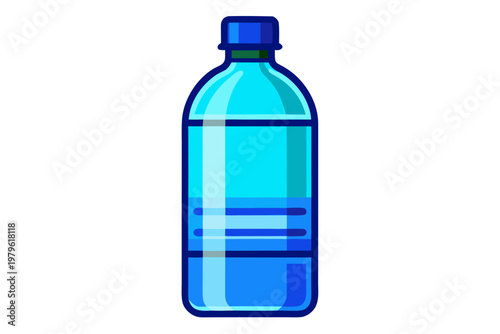 A simple, flat design illustration of a clear plastic water bottle filled with bright blue water, against a plain white background, emphasizing purity and refreshment.