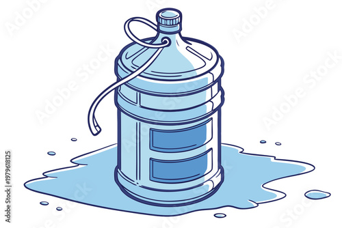 A cartoon illustration of a large blue water cooler bottle sitting in a puddle of water, with smaller water drops scattered around, indicating abundance and refreshment.