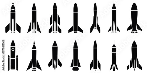 set of nine minimalist rocket illustrations launching in sequence on white background