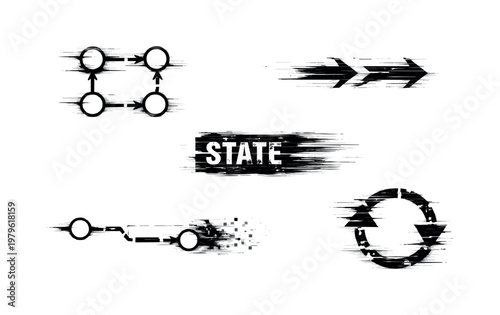 Digital state machines and transition logic theme, a set of 5 glitch-distorted monochrome objects placed on a perfectly clean white background, each object containing its