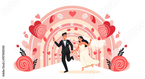 Happy Couple Running Through Romantic Wedding Arch with Hearts