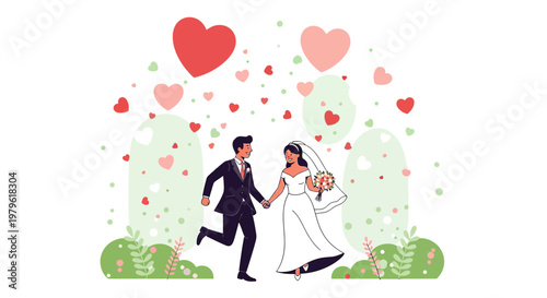 Happy Couple Running Together, Surrounded by Floating Hearts - Wedding Celebration