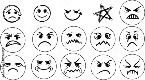 Collection of hand drawn emoticons and facial expressions