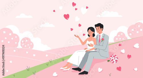 Happy Couple Sitting Outdoors with Floating Hearts Illustration - Wedding, Love, Romance