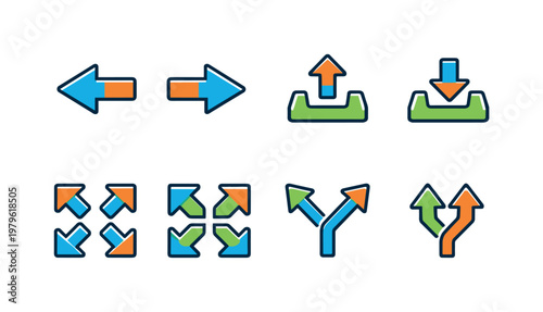 Navigation arrows: back arrow, forward arrow, upload arrow, download arrow, expand arrows, collapse arrows, arrow split, arrow merge.