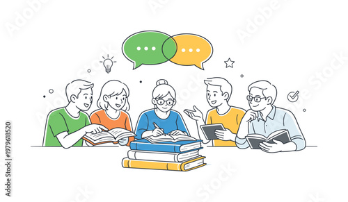 Reading together educational collaboration scenario showing individuals studying and discussing ideas in a focused group setting to improve understanding and share