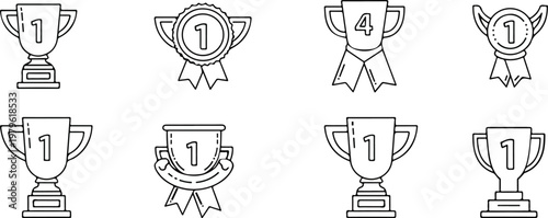Collection of eight line art trophy illustrations