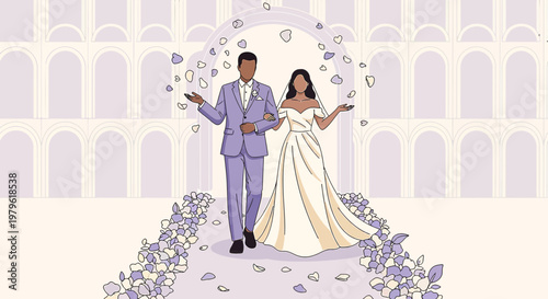 Happy Couple Walking Down Wedding Aisle Under Floral Arch