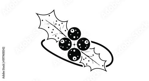 Holly berries and leaves are arranged in a circular frame to signify seasonal festivities and traditional winter holiday decorations.