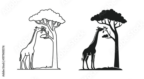 minimalist line art illustration of a giraffe eating leaves under a tree