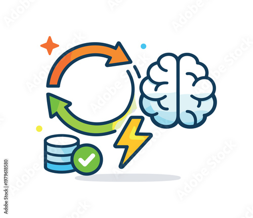 Inference caching and reuse of previous AI responses to reduce latency and cost in high-frequency systems, a circular memory loop connected to a brain and a lightning