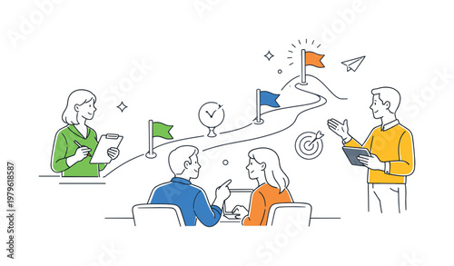 A clear milestone tracking scenario where a team monitors key achievements and ensures steady progress toward project goals during a structured review, centered around a