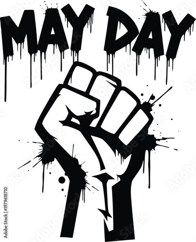 May Day, protest fist, raised hand, graffiti style, black vector icon