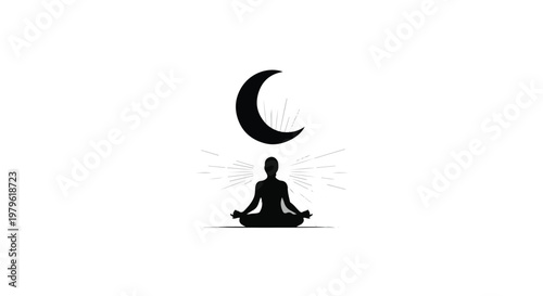 Meditator sits in a cross-legged position beneath a crescent moon symbol to represent spiritual mindfulness and inner peace.