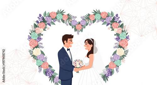 Happy Couple Wedding Day, Bride and Groom in Heart Floral Wreath