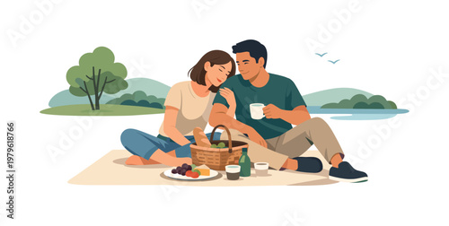 An intimate lifestyle moment highlighting connection and calm in an outdoor setting, depicted as two people sharing a small picnic setup with a minimal blanket and single