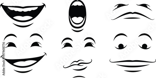 Collection of black and white cartoon mouths expressing various emotions