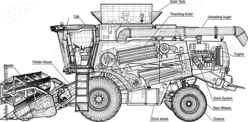 Combine harvester agricultural machine with labeled components detailed farming equipment engineering technical line illustration