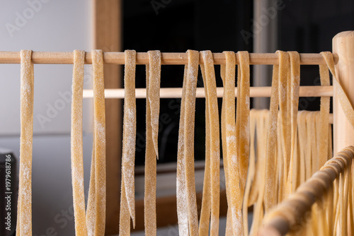 Fettuccini homemade pasta hanging from a pasta tree