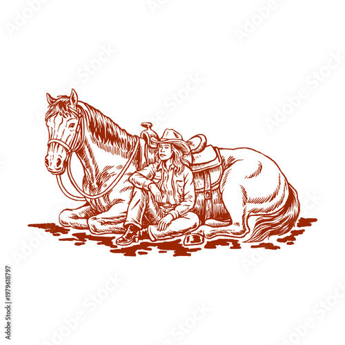 Cowgirl Sitting on Ground with Horse Companion Relaxed Western Scene Illustration