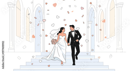 Happy Newlywed Couple Descending Stairs with Falling Hearts
