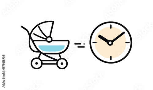 Family lifestyle and work-life balance in contemporary living, a stroller paired with a minimal clock symbol representing time management and parenting responsibilities,