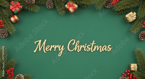 Festive christmas border with pine branches pinecones red berries and gift boxes on green background