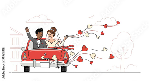 Happy Newlyweds Driving Away in Red Car with Heart Decorations
