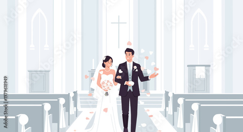 Happy Newlyweds Walking Down Church Aisle, Petal Shower