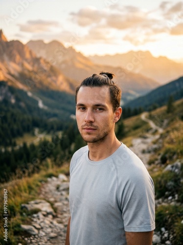 Young traveling man enjoying mountain trail sunset