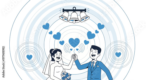 Happy Wedding Couple Dancing Under Bells and Hearts Illustration