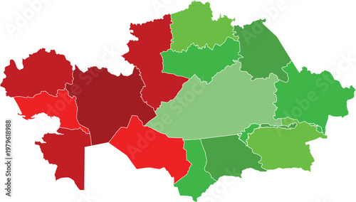 Kazakhstan Administrative Map with Red and Green Regional Borders