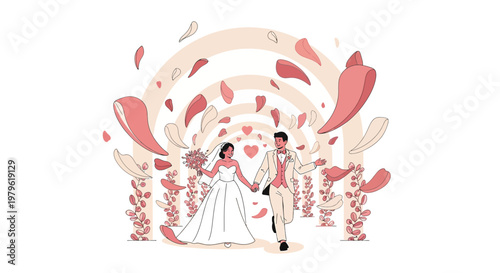 Happy Wedding Couple Walking Through Floral Archway with Falling Petals