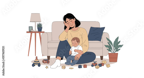 Mother With Baby Feeling Tired And Overwhelmed At Home