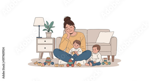 Mother Resting While Children Play Around Her