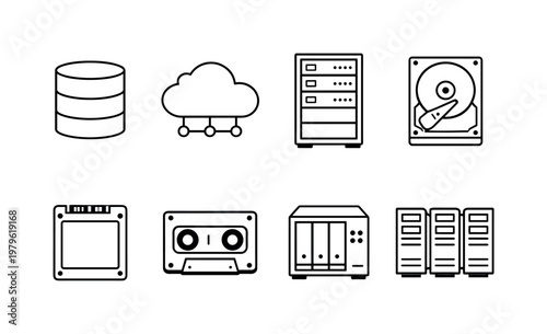 Data storage systems: database cylinder, cloud storage, server rack, hard drive, SSD disk, backup tape, network storage, data center.