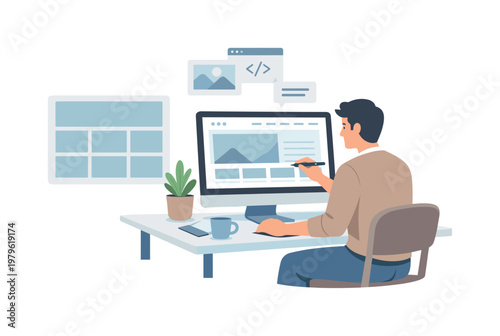 Web design workflow scenario where a designer creates and refines digital interfaces for modern websites in a structured creative environment, symbolized by a computer