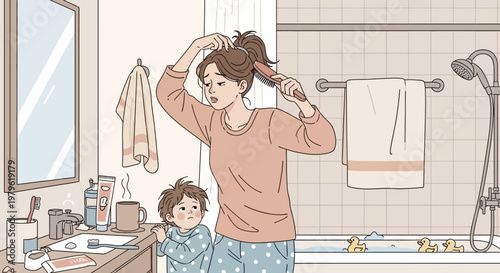 Mother Brushing Hair While Child Watches in Bathroom